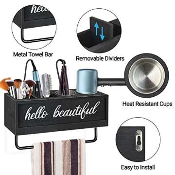 Anwelynd Rustic Hair Dryer Holder Wall Mounted, Hair Tools and Styling Organizer with Towel Bar, Farmhouse Beauty Hair Appliance Holder for Flat Iron, Curling Wand, Towel Rack