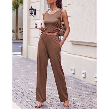Ekouaer Women's 3 Piece Knit Lounge Set Pajama Long Sleeve Cardigan Sleeveless Top Pants SweatsuitBrownSmall