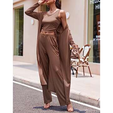 Ekouaer Women's 3 Piece Knit Lounge Set Pajama Long Sleeve Cardigan Sleeveless Top Pants SweatsuitBrownSmall