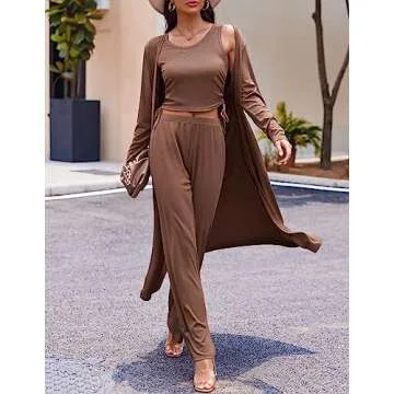 Ekouaer Women's 3 Piece Knit Lounge Set Pajama Long Sleeve Cardigan Sleeveless Top Pants SweatsuitBrownSmall