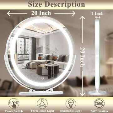 Vierose 20 inch Large Vanity Makeup Mirror with Lights, 3 Color Lighting Modes | Round Lighted Up Makeup Mirror with Dimming LED Halo for Dressing Room & Bedroom Tabletop, Touch Control (White)