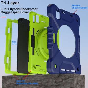 Andnary Case for 2024 iPad Mini 7 A17 Pro/2021 Mini 6 8.3 Inch Case with Built-in Pencil Holder/360° Rotating Handle Stand, Drop-Proof Cover for iPad Mini 7th/6th Generation 8.3", Navy+Green