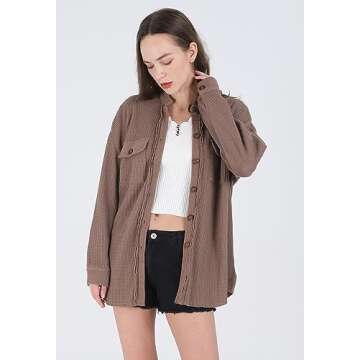 Loveimgs Oversized Waffle Knit Shirt for Women – Fall Shacket in Coffee