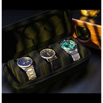 AUKURA 3 Slot Hard Watch Travel Case, Watch Roll Case Storage and Organizer for Men and Women, with anti-move watch pillow (Black fabric 3Slots)