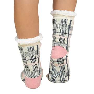 Lazy One Plush Nonskid Socks, Fuzzy Socks with Cute Designs for Women, Sherpa Fleece-Lined Socks, Pink Plaid (Bear Hug)