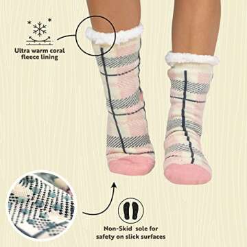 Lazy One Plush Nonskid Socks, Fuzzy Socks with Cute Designs for Women, Sherpa Fleece-Lined Socks, Pink Plaid (Bear Hug)