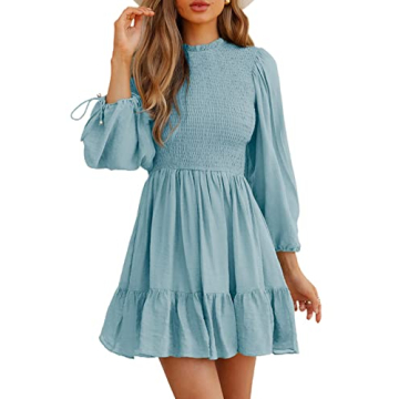 Itsmode Women Summer Smocked Homecoming Dresses Casual Crew Neck Drawstring Ruffle Hem A-Line Long S...