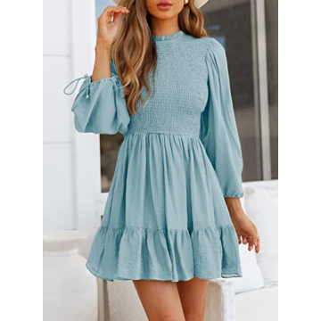 Itsmode Women Summer Smocked Homecoming Dresses Casual Crew Neck Drawstring Ruffle Hem A-Line Long Sleeve Dress for Women 2022 Sky Blue Large