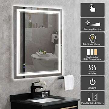 BBE 36x28 Inch LED Bathroom Mirror Vanity Mirror with Dimmable Light 2700K-6000K CRI 90+ Wall-Mounted Anti-Fog for Makeup Hardwire and Plug in (Horizontal/Vertical)