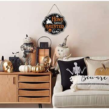 FWIEXA Halloween Decorations Funny Home Sweet Haunted Home Wood Sign Plaque (12.1"x 10.8"), Happy Ha...