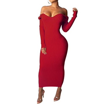 Elegant Bodycon Sweater Maxi Dress for Women Off Shoulder Long Sleeve Knitted Slim Fit Cocktail Part...