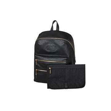 The Honest Company Vegan Leather City Backpack | Diaper Bag with Changing Pad | Black Vegan Leather with Gold Hardware | PVC-Free Lining | 16 x 5 x 18
