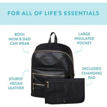 The Honest Company Vegan Leather City Backpack | Diaper Bag with Changing Pad | Black Vegan Leather with Gold Hardware | PVC-Free Lining | 16 x 5 x 18
