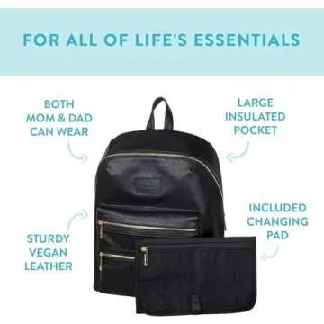 The Honest Company Vegan Leather City Backpack | Diaper Bag with Changing Pad | Black Vegan Leather with Gold Hardware | PVC-Free Lining | 16 x 5 x 18