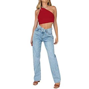 LYANER Women's Sexy Ruched One Shoulder Sleeveless Crop Top Strappy Cami Tank Red Small