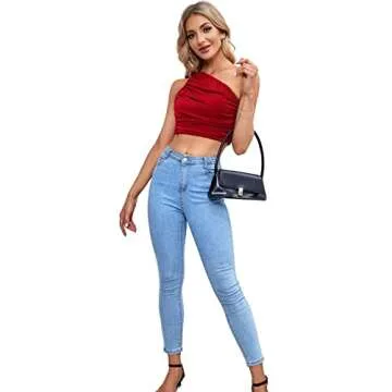 LYANER Women's Sexy Ruched One Shoulder Sleeveless Crop Top Strappy Cami Tank Red Small