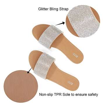 REDTOP Women's Slip on Sandals Slide Glitter Bling Casual Sandal Flat Open Toe Sparkle Slides Sliver Size 8