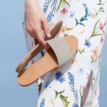 REDTOP Women's Slip on Sandals Slide Glitter Bling Casual Sandal Flat Open Toe Sparkle Slides Sliver Size 8