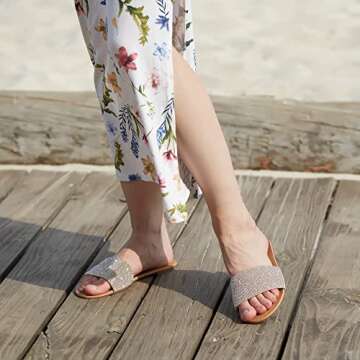 REDTOP Women's Slip on Sandals Slide Glitter Bling Casual Sandal Flat Open Toe Sparkle Slides Sliver Size 8