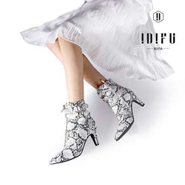 IDIFU Women's Pointed Toe Metal Buckle Two Strap Ankle Booties Side Zipper Kitten Heel Dress Classic Short Boots(Snake White, 7.5 M US)