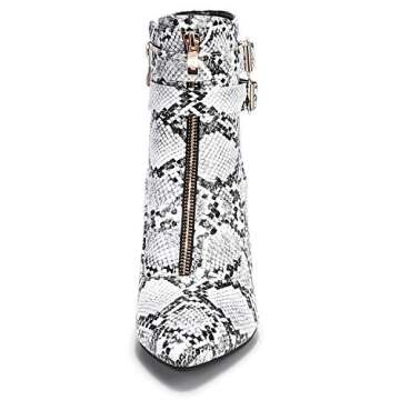 IDIFU Women's Pointed Toe Metal Buckle Two Strap Ankle Booties Side Zipper Kitten Heel Dress Classic Short Boots(Snake White, 7.5 M US)