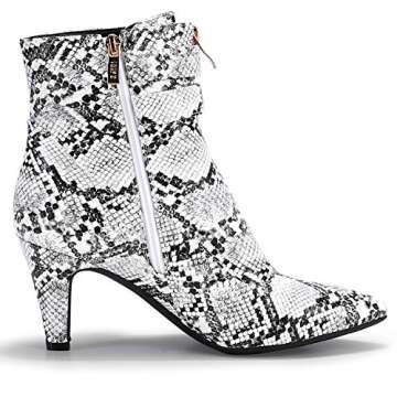 IDIFU Women's Pointed Toe Metal Buckle Two Strap Ankle Booties Side Zipper Kitten Heel Dress Classic Short Boots(Snake White, 7.5 M US)