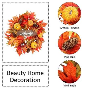 20 Inch Fall Wreaths for Front Door, Fall Decor Autumn Maple Leaves Pumpkin Pine Cone Wreath, Fall D...