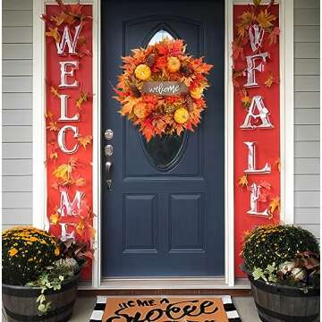 20 Inch Fall Wreaths for Front Door, Fall Decor Autumn Maple Leaves Pumpkin Pine Cone Wreath, Fall Decorations for Harvest Thanksgiving Halloween Farmhouse Home Outside Window Wall