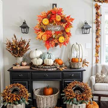 20 Inch Fall Wreaths for Front Door, Fall Decor Autumn Maple Leaves Pumpkin Pine Cone Wreath, Fall Decorations for Harvest Thanksgiving Halloween Farmhouse Home Outside Window Wall