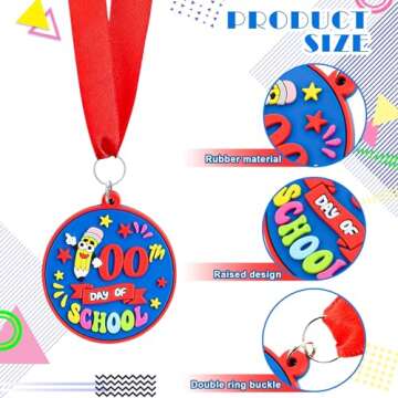 Poen 24 Pcs Happy 100 Days of School Award Medals 1.97'' Rubber 100th Day of School Medals for Awards for Kids with 29.5" Ribbon Classroom Supplies Themed Party