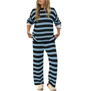 SENSERISE Women's Oversized Lounge Set - Striped Pajamas with Pockets