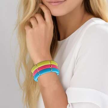 MythDone Chunky Bamboo Tube Bracelets Colorful Curved Resin Stretch Bracelet Gold Stacking Bangles A...