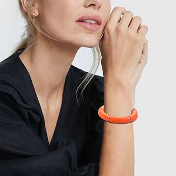 MythDone Chunky Bamboo Tube Bracelets Colorful Curved Resin Stretch Bracelet Gold Stacking Bangles Acrylic Beads Stretchable Friendship Bracelets for Women (4pcs style B)