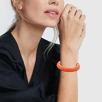 MythDone Chunky Bamboo Tube Bracelets Colorful Curved Resin Stretch Bracelet Gold Stacking Bangles Acrylic Beads Stretchable Friendship Bracelets for Women (4pcs style B)