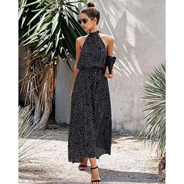 PRETTYGARDEN Women’s Casual Halter Neck Sleeveless Floral Long Maxi Dress Backless Loose Ruffle Sundress with Belt (Black,Small)