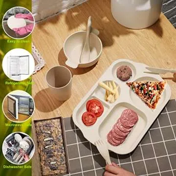 Honoson 24 Pcs Wheat Straw Dinnerware Cutlery Set Including Divided Plates Microwave Dishwasher Safe Bowl Unbreakable Tableware Straw Cutlery Spoon Knife Fork Cup(Beige/pink/green/blue)