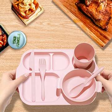 Honoson 24 Pcs Wheat Straw Dinnerware Cutlery Set Including Divided Plates Microwave Dishwasher Safe Bowl Unbreakable Tableware Straw Cutlery Spoon Knife Fork Cup(Beige/pink/green/blue)