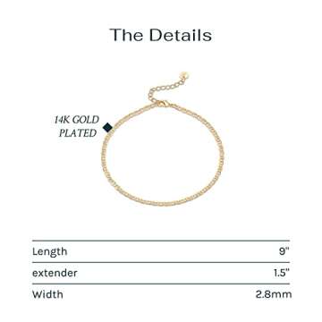 PAVOI 14K Gold Plated Charm Link Flat Gold Anklets for Women (Mariner, Yellow Plated)
