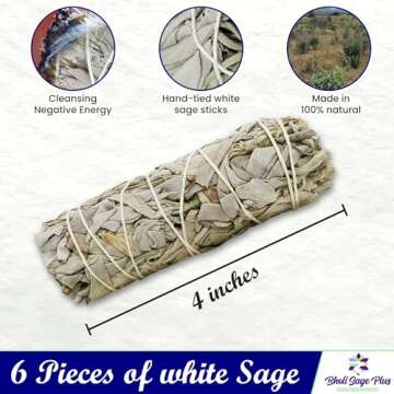 White Sage Sticks Pack of 6, Sage Smudge Kit 4'' Long Dried Sage Sticks for Meditation, Smudging and Cleansing, Getting Rid of Negative Energy, Sustainably Grown California Sage
