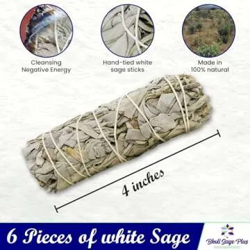 White Sage Sticks Pack of 6, Sage Smudge Kit 4'' Long Dried Sage Sticks for Meditation, Smudging and Cleansing, Getting Rid of Negative Energy, Sustainably Grown California Sage