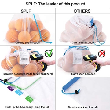 SPLF 12 Pcs Heavy Duty Reusable Mesh Produce Bags, Barcode Scanable See Through Food Safe Mesh Bags with Drawstring for Fruits, Vegetable, Food, Toys, Grocery Storage, Large Medium Small