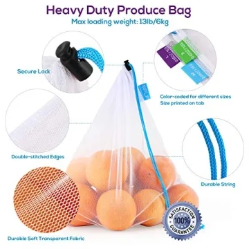 SPLF 12 Pcs Heavy Duty Reusable Mesh Produce Bags, Barcode Scanable See Through Food Safe Mesh Bags with Drawstring for Fruits, Vegetable, Food, Toys, Grocery Storage, Large Medium Small