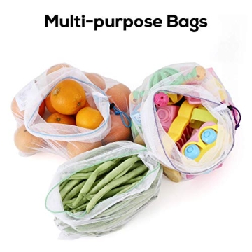 SPLF 12 Pcs Heavy Duty Reusable Mesh Produce Bags, Barcode Scanable See Through Food Safe Mesh Bags with Drawstring for Fruits, Vegetable, Food, Toys, Grocery Storage, Large Medium Small