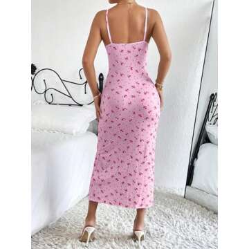Floerns Women's Summer Split Thigh Spaghetti Strap Cami Midi Floral Dress Pale Pink Small