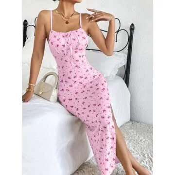 Floerns Women's Summer Split Thigh Spaghetti Strap Cami Midi Floral Dress Pale Pink Small