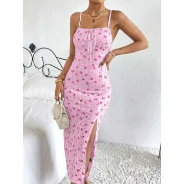 Floerns Women's Summer Split Thigh Spaghetti Strap Cami Midi Floral Dress Pale Pink Small