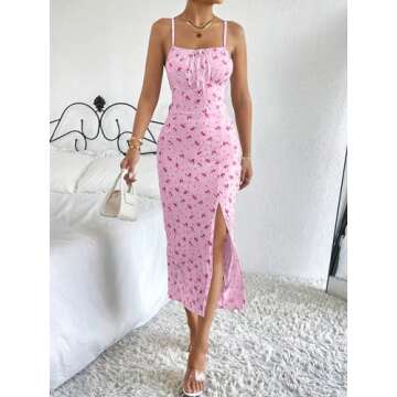 Floerns Women's Summer Split Thigh Spaghetti Strap Cami Midi Floral Dress Pale Pink Small