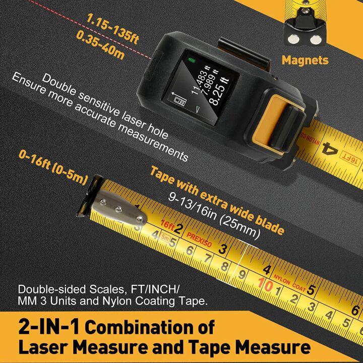 2-in-1 Laser & Tape Measure - 135Ft & 16Ft