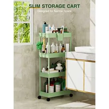 LEHOM Slim Rolling Storage Cart - 4 Tiers Bathroom Organizer Utility Cart Slide Out Storage Shelves ...