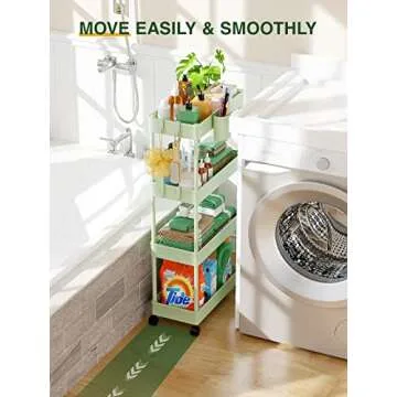 LEHOM Slim Rolling Storage Cart - 4 Tiers Bathroom Organizer Utility Cart Slide Out Storage Shelves Mobile Shelving Unit for Kitchen, Bedroom, Office, Laundry Room, Small Narrow Spaces, Green